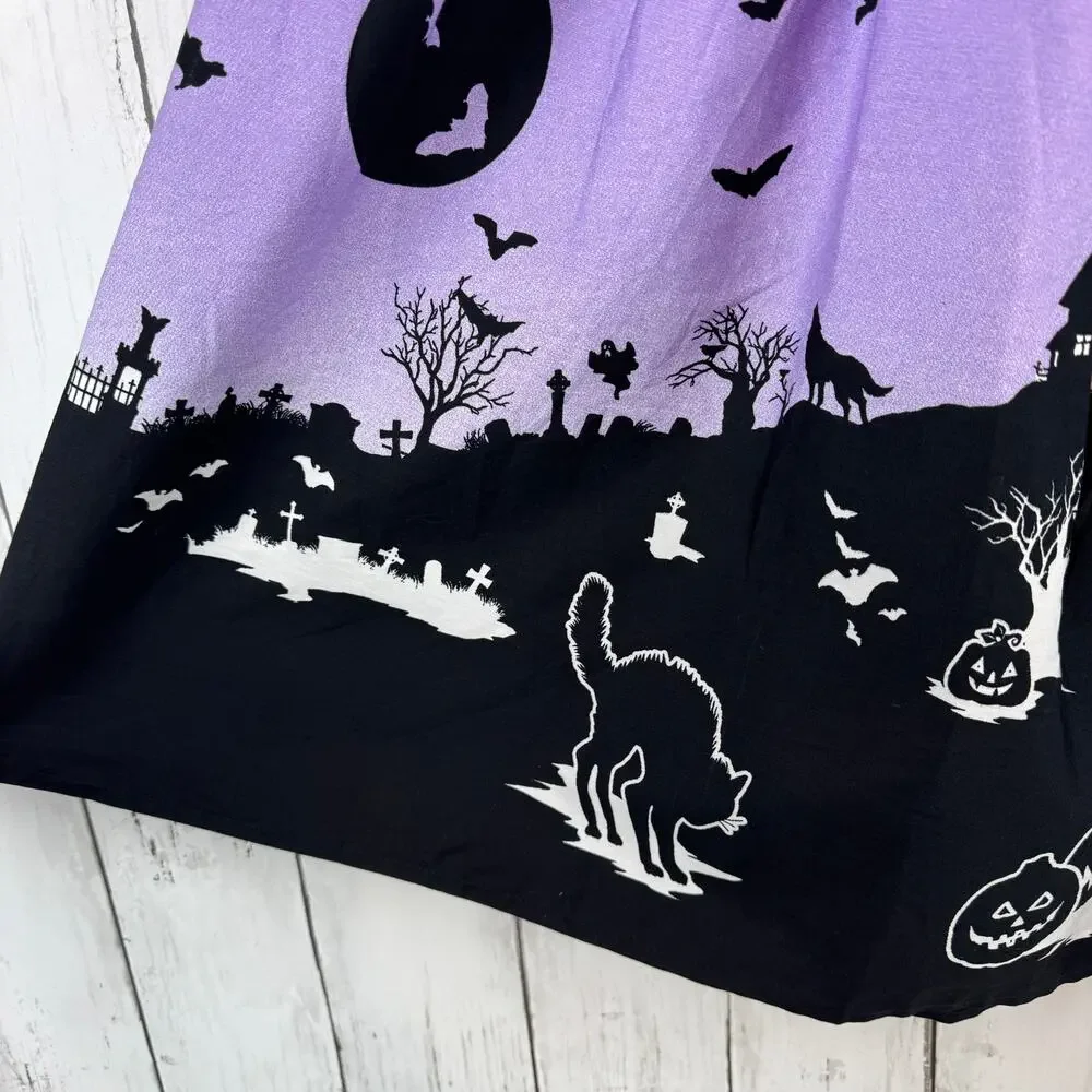 Hell Bunny Purple Halloween Goth The Haunt Graveyard Skirt Size Medium Cats